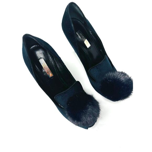 Louis Vuitton Black Blue Nuit Frill Mink Pompom Pumps Heels Size 35.5 Runway - Picture 9 of 12